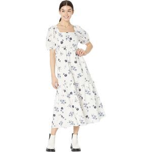 WAYF Women's Tie Back Puff Sleeve Midi Dress Ivory Stamp Floral size S NWT $128